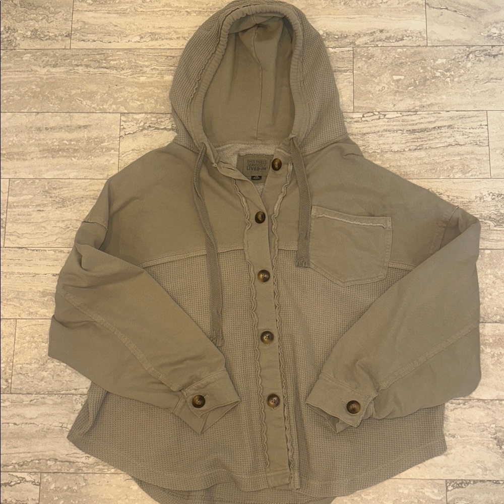 American Eagle Olive Hooded Button-Up Jacket sweatshirt waffle weave size L/XL